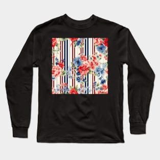 Red White and Blue Patriotic Shabby Floral Long Sleeve T-Shirt